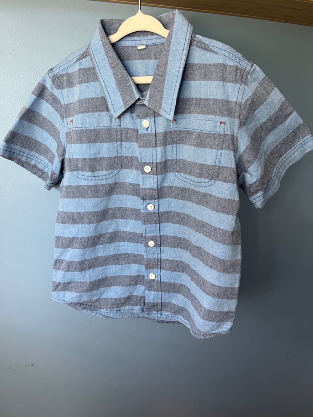 Blue & Gray Striped Short Sleeve Button-Up Shirt